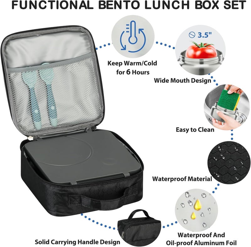 Howeemo Bento Lunch Box Set for Kids with 8oz Soup Thermo, Leak-Proof Lunch Containers with 4 Compartment, Kids Thermo Hot Food Jar and Insulated Lunch Bag for Kid to School-Black - Image 4